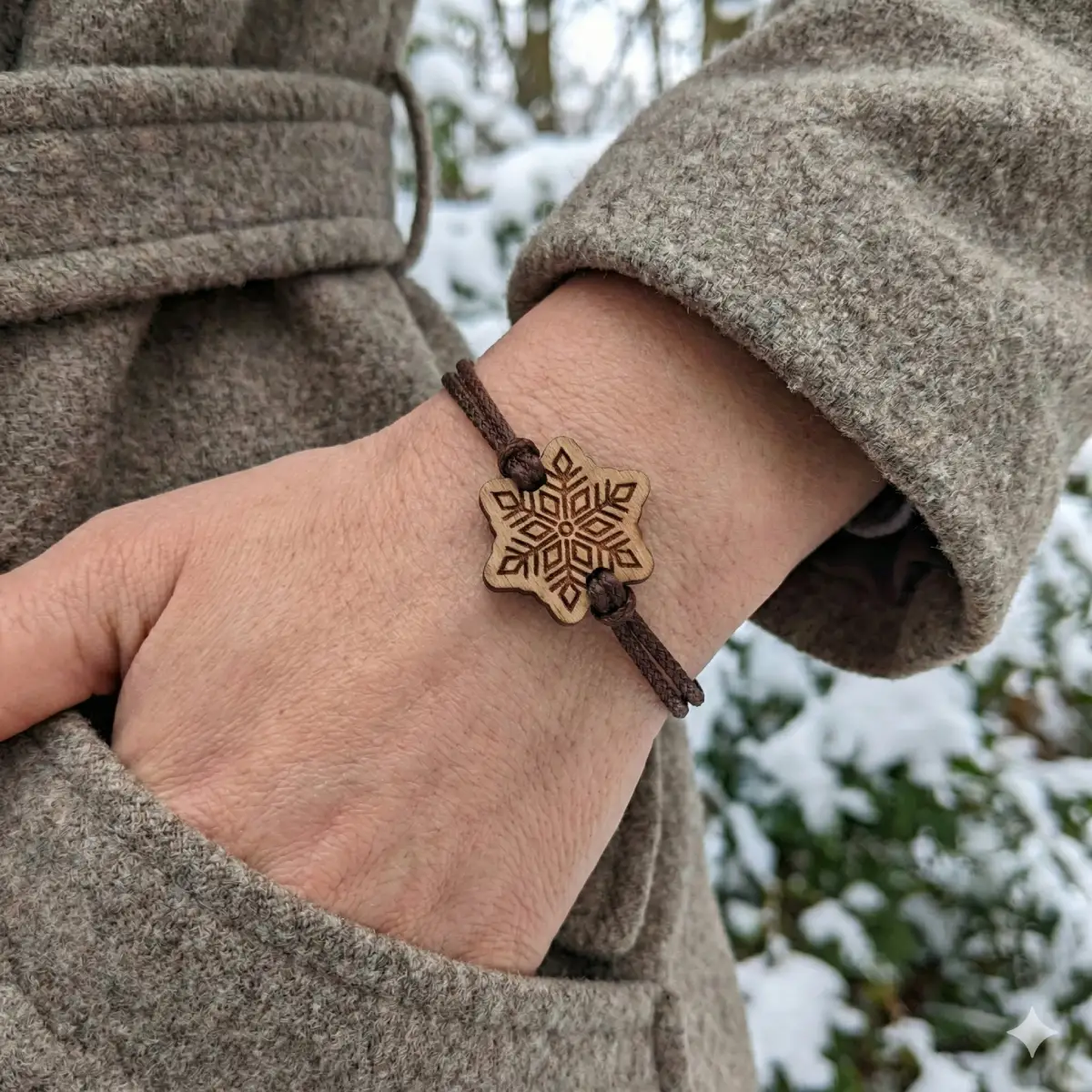 Snoo-Holzarmband im Schneeflocken-Design mit recycelter PET-Schnur, getragen am Handgelenk einer Frau