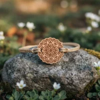 Lona wooden bracelet with engraved mandala pattern, braided beige cord, on a moss-covered stone with small white flowers and natural foliage