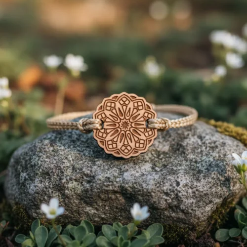 wooden bracelet-lona-2 Lona wooden bracelet with engraved mandala pattern, braided beige cord, on a moss-covered stone with small white flowers and natural foliage