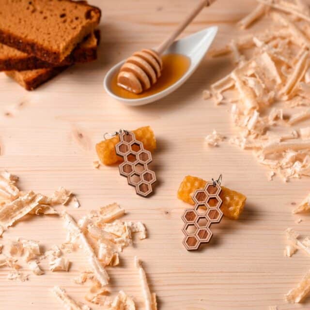 Abee wooden earrings inspired by bees and beekeeping