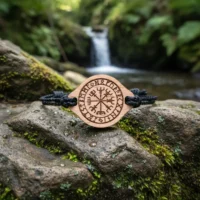 Bracelet en bois Viking Vegvisir avec rune gravée, cordon noir tressé, posé sur pierre mouillée couverte de mousse avec cascade naturelle en arrière-plan