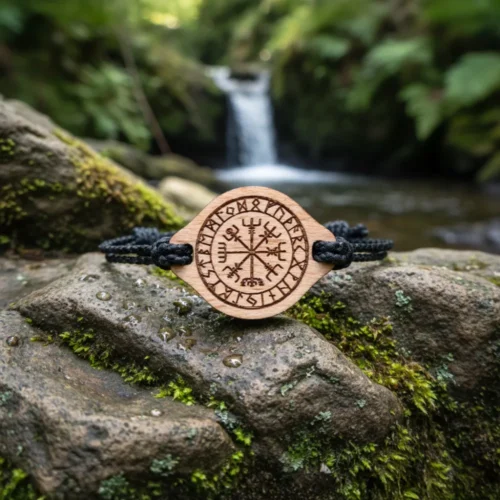 Wooden Bracelet - Vegvisir - 1 Viking Vegvisir wooden bracelet with engraved rune, braided black cord, placed on wet moss-covered stone with natural waterfall in the background