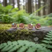 clous-oreilles-bois-indyana-couleur-5 Quatre boucles d'oreilles en bois avec accents bleu et rose, motifs géométriques, alignées sur une pierre couverte de mousse et de fougères