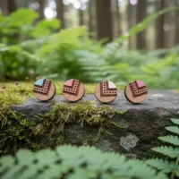 Quattro orecchini in legno con accenti blu e rosa, motivi geometrici, allineati su una pietra ricoperta di muschio e felci