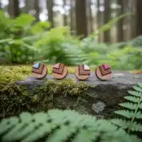clous-oreilles-bois-indyana-couleur-5 Quatre boucles d'oreilles en bois avec accents bleu et rose, motifs géométriques, alignées sur une pierre couverte de mousse et de fougères