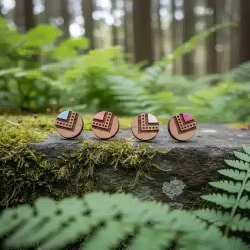 wooden stud earrings - Indiana color - 5 Four wooden earrings with blue and pink accents, geometric patterns, aligned on a stone covered with moss and ferns