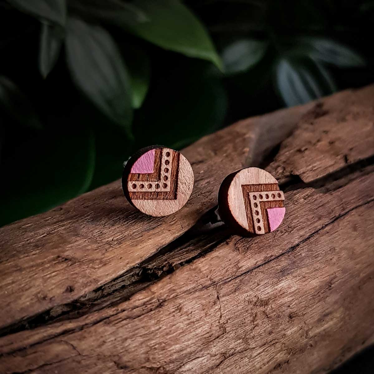 Indyana wooden ear studs painted with purple acrylic