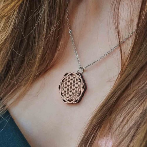 Wooden necklace with the symbol of the flower of life