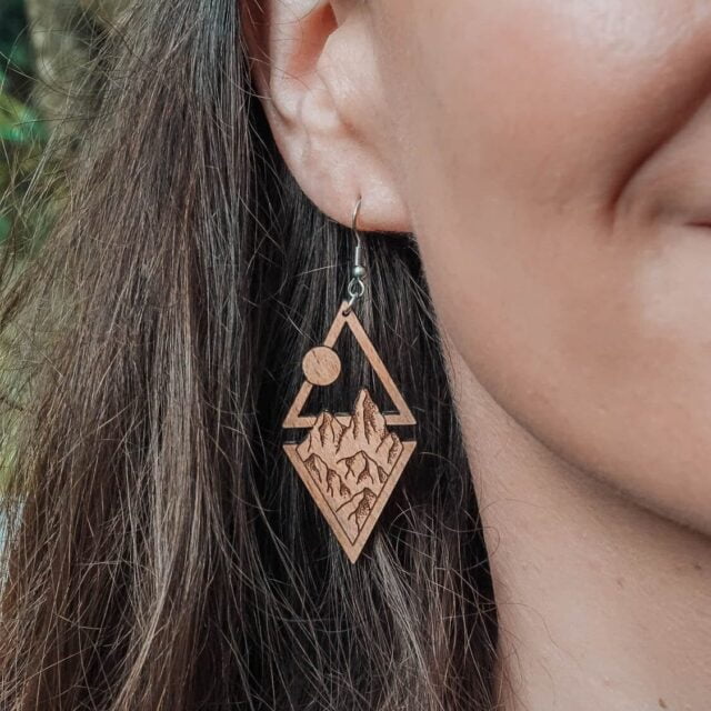 Wooden earrings with mountains, moon and sun