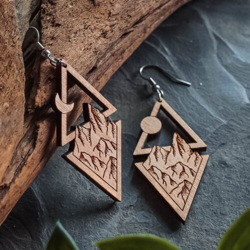 Wooden earrings with mountains, moon and sun