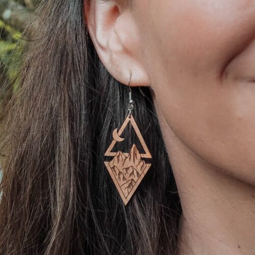 Wooden earrings with mountains, moon and sun