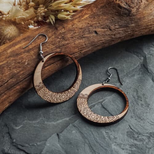 Moon and mandala wooden earrings