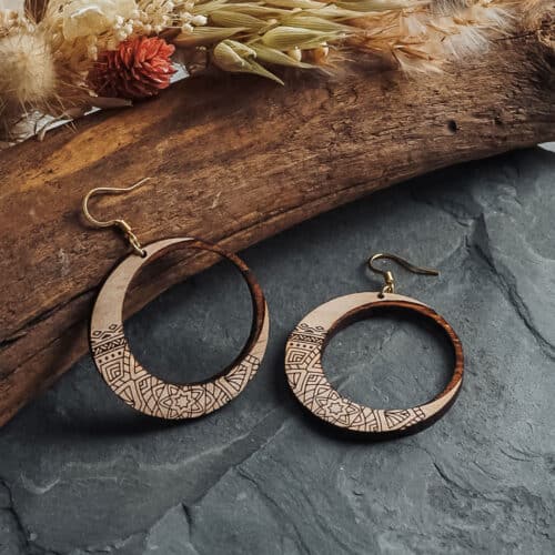 Moon and mandala wooden earrings