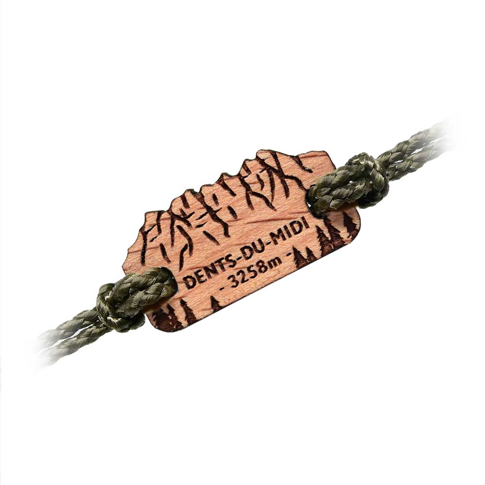 Bracelet en bois sommets suisse Dents-du-Midi vert kaki