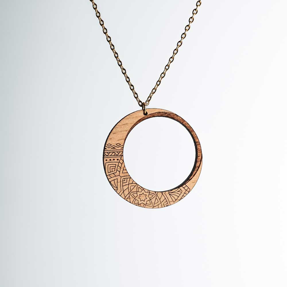 Moon and mandala wooden necklace