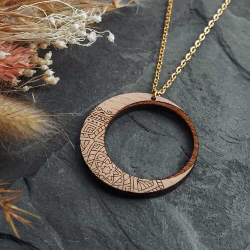 Moon and mandala wooden necklace