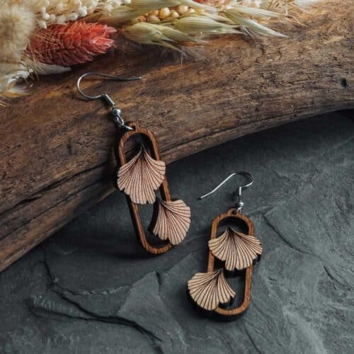 Boucles d'oreilles en bois inspirée de feuilles de ginkgo