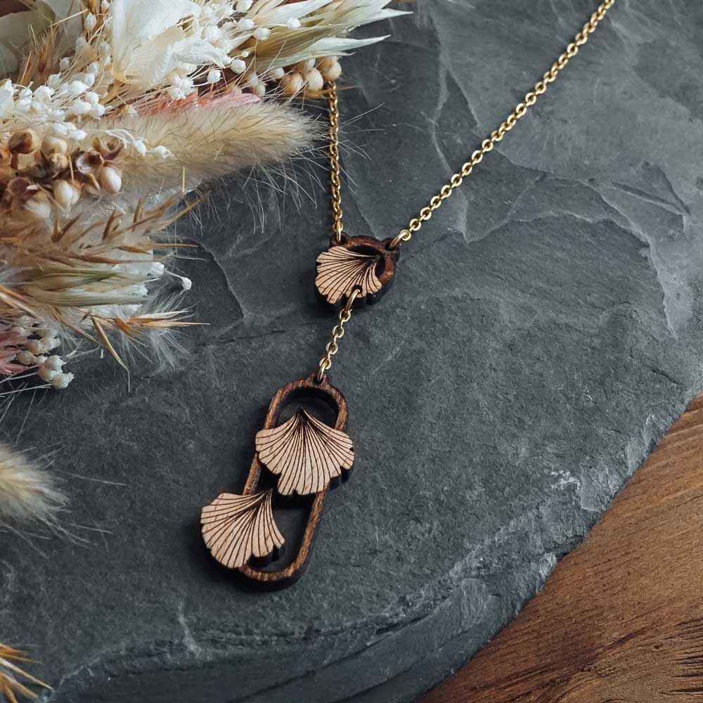 Wooden necklace inspired by Ginkgo leaves with gold chain