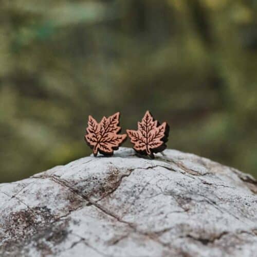 Wooden ear studs with maple leaf design