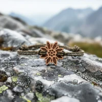 Bracelet en bois Edel avec pendentif en forme d'Edelweiss gravée, positionné sur une pierre couverte de lichen avec paysage montagneux flou en arrière-plan