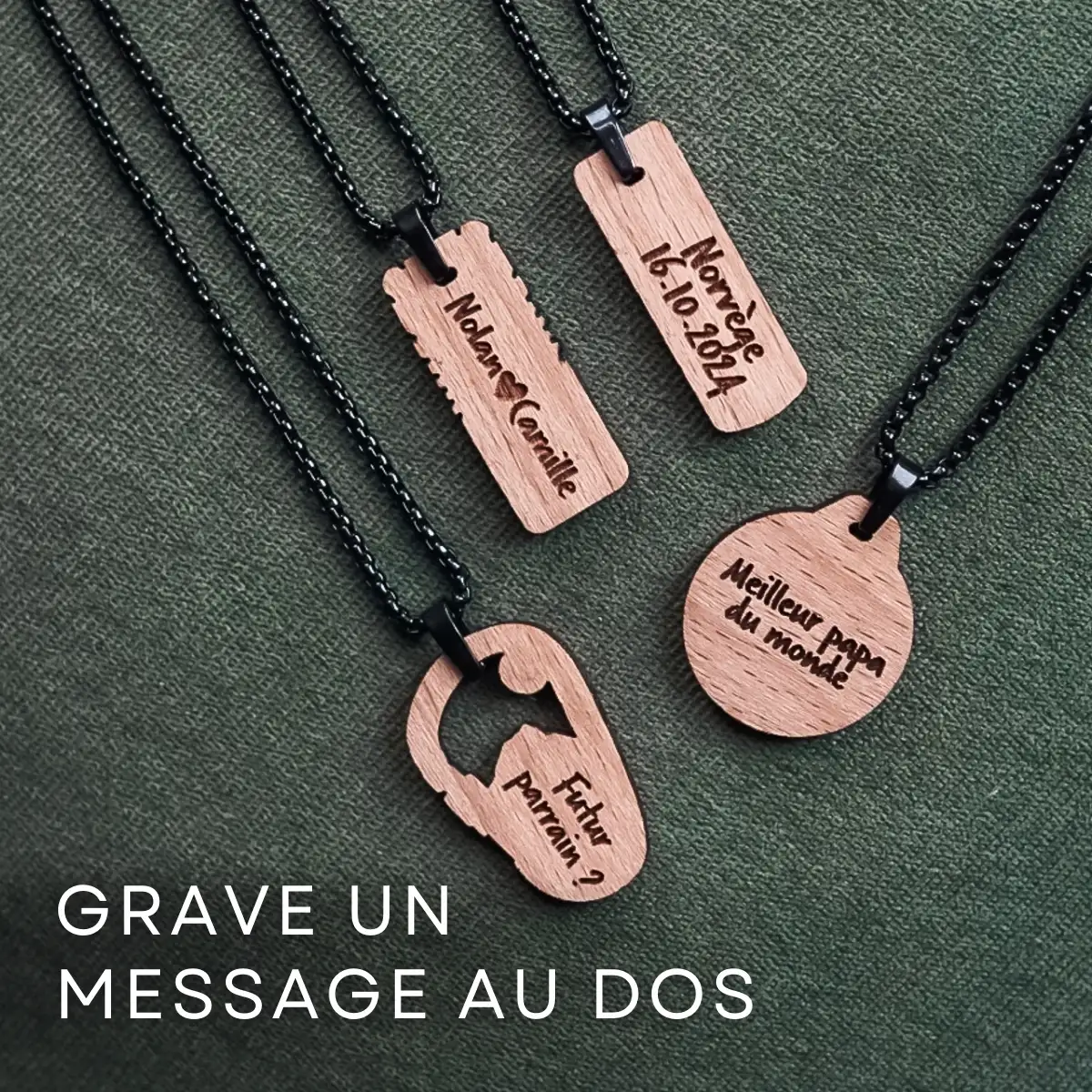 Personnalise ton collier avec un mot gravé au dos de ton collier en bois suisse