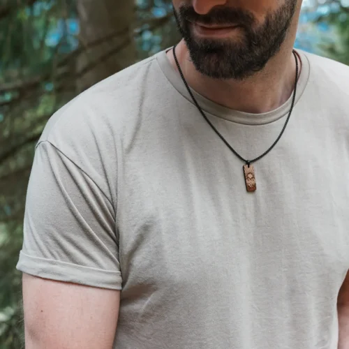 Swiss wooden necklace for men Sunny, mountain landscape