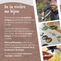 Explanation of the concept of creating jewelry from recycled glass, produced using a watermill installed in a river