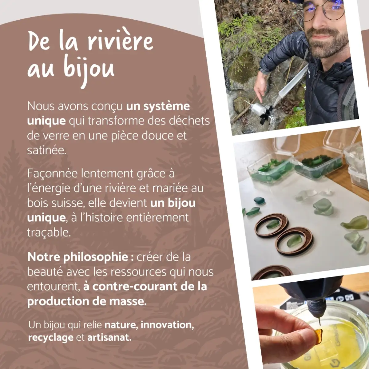 Erläuterung des Konzepts der Schmuckherstellung aus recyceltem Glas, das mithilfe einer in einem Fluss installierten Wassermühle produziert wird