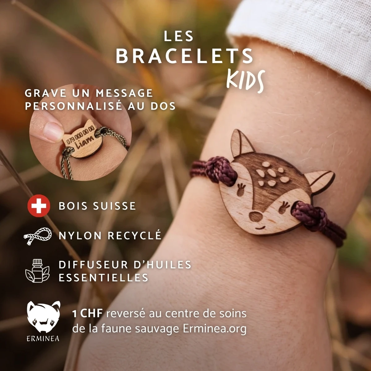 Avantages-produit-bracelet-woopy Caractéristiques du bracelet en bois suisse Woopy le poney pour enfants, personnalisables au dos et diffuseurs d'huile essentielle