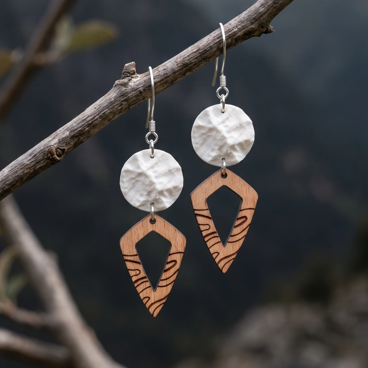 Ohrringe aus Holz – Spitzen – weiß – silber Ohrringe aus Holz von Peaks