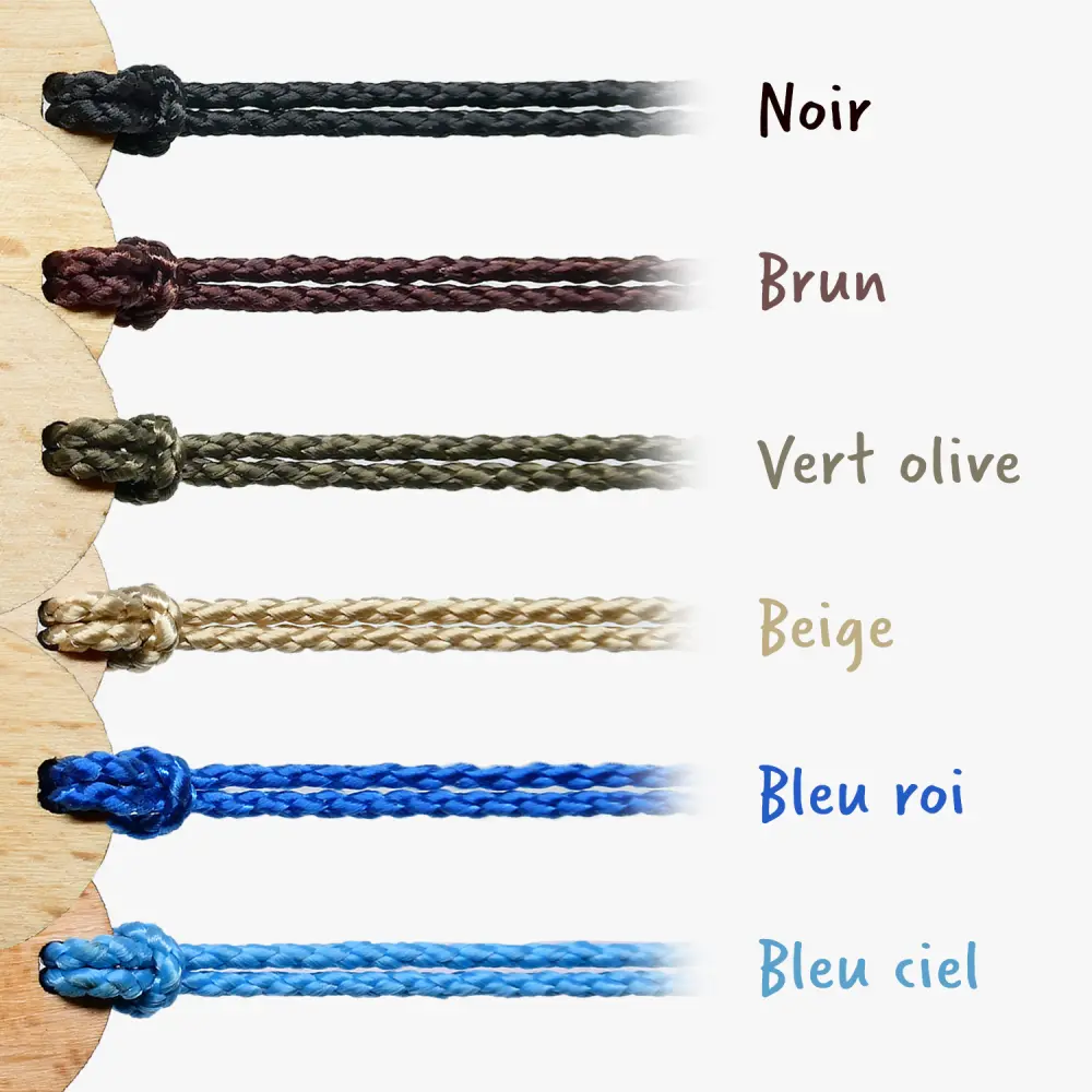 Guide des options de cordons avec six variations de couleur : Noir, Brun, Vert olive, Beige, Bleu roi, Bleu ciel