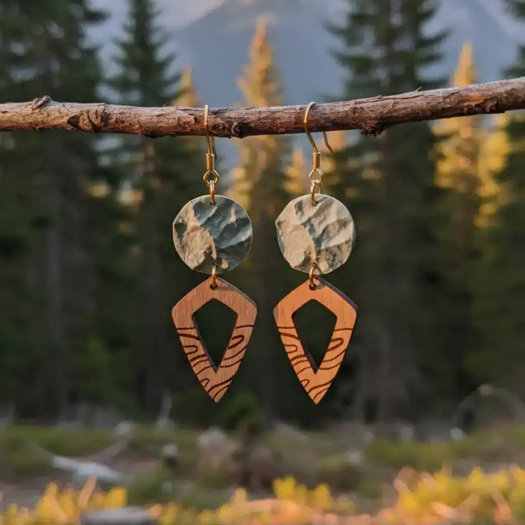 Nouveautés 19 Boucles d'oreilles Peaks avec pendentifs gris au relief de montagnes imprimées en 3D dans du plastique recyclé et pendentifs en bois suisse pointus, sur branche naturelle avec arbres sapins et paysage montagneux flou en arrière-plan