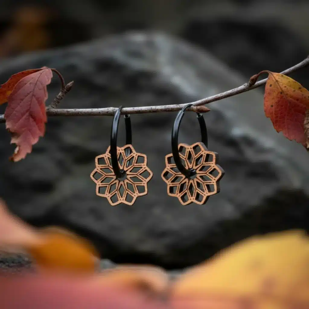 Nouveautés 18 Boucles d'oreilles créoles en bois Rosalya au design de mandala, accrochées à un branchage d'automne