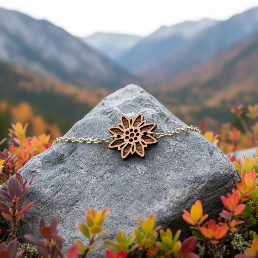 Nouveautés 17 Bracelet en bois au design d'edelweiss avec chainette dorée en nature
