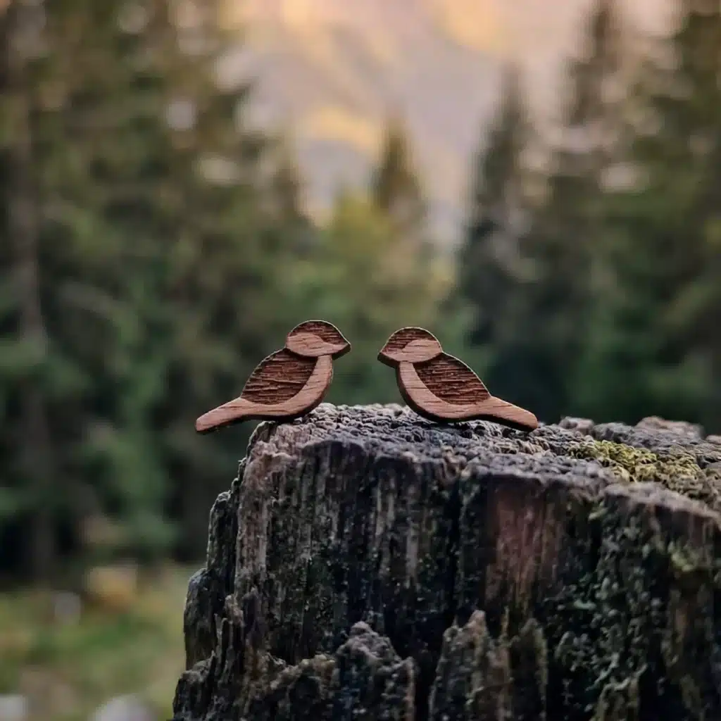 Nouveautés 12 Clous d'oreilles en bois oiseaux posés sur une branche