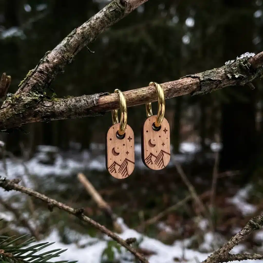 Nouveautés 14 Boucles d'oreilles en bois pour enfant au design de montagne et lune avec anneaux dorés
