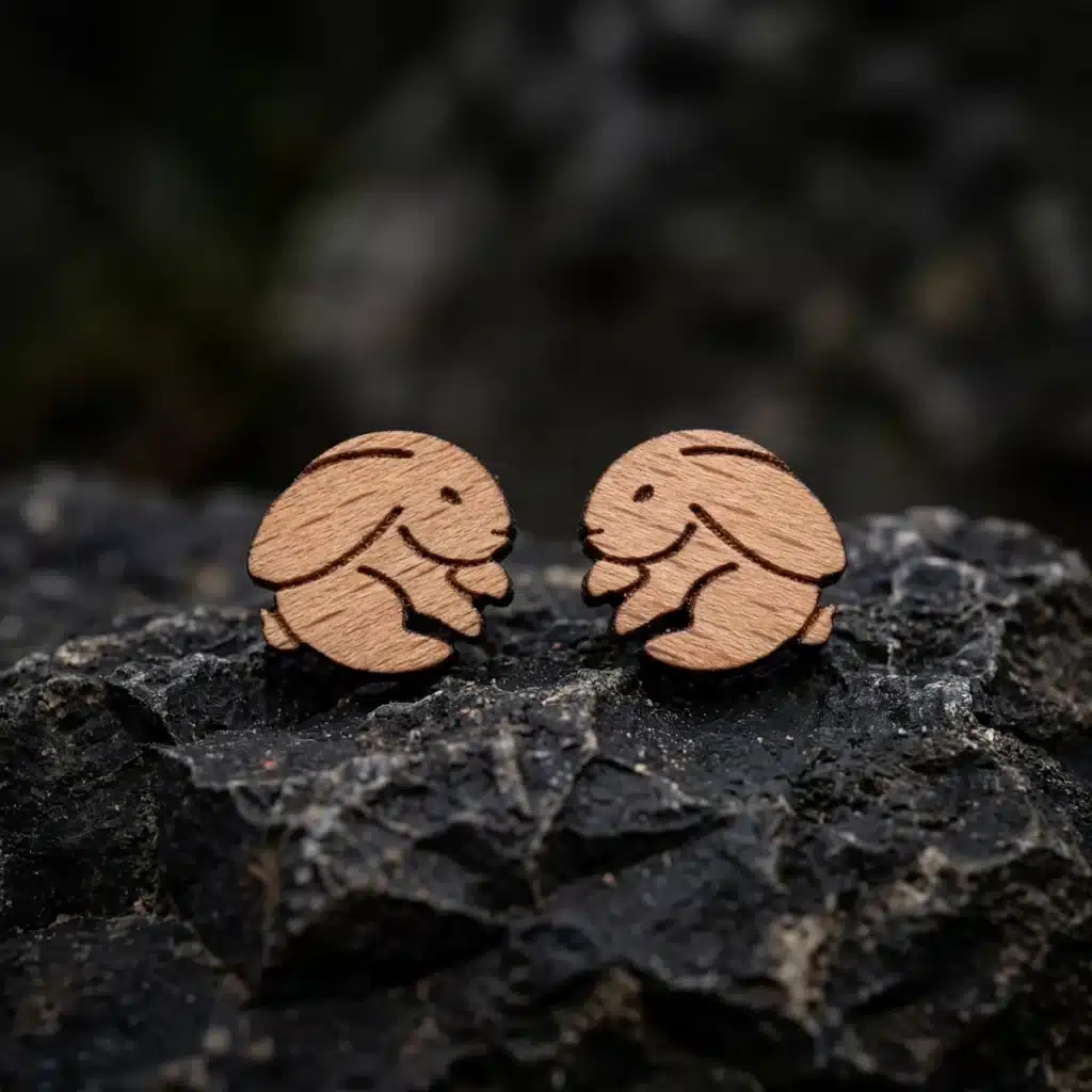 Clous d'oreilles en bois lapin sur fond neutre