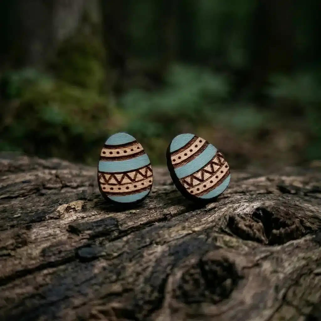 Clous d'oreilles en bois oeuf de pâques posés sur un vieux bois