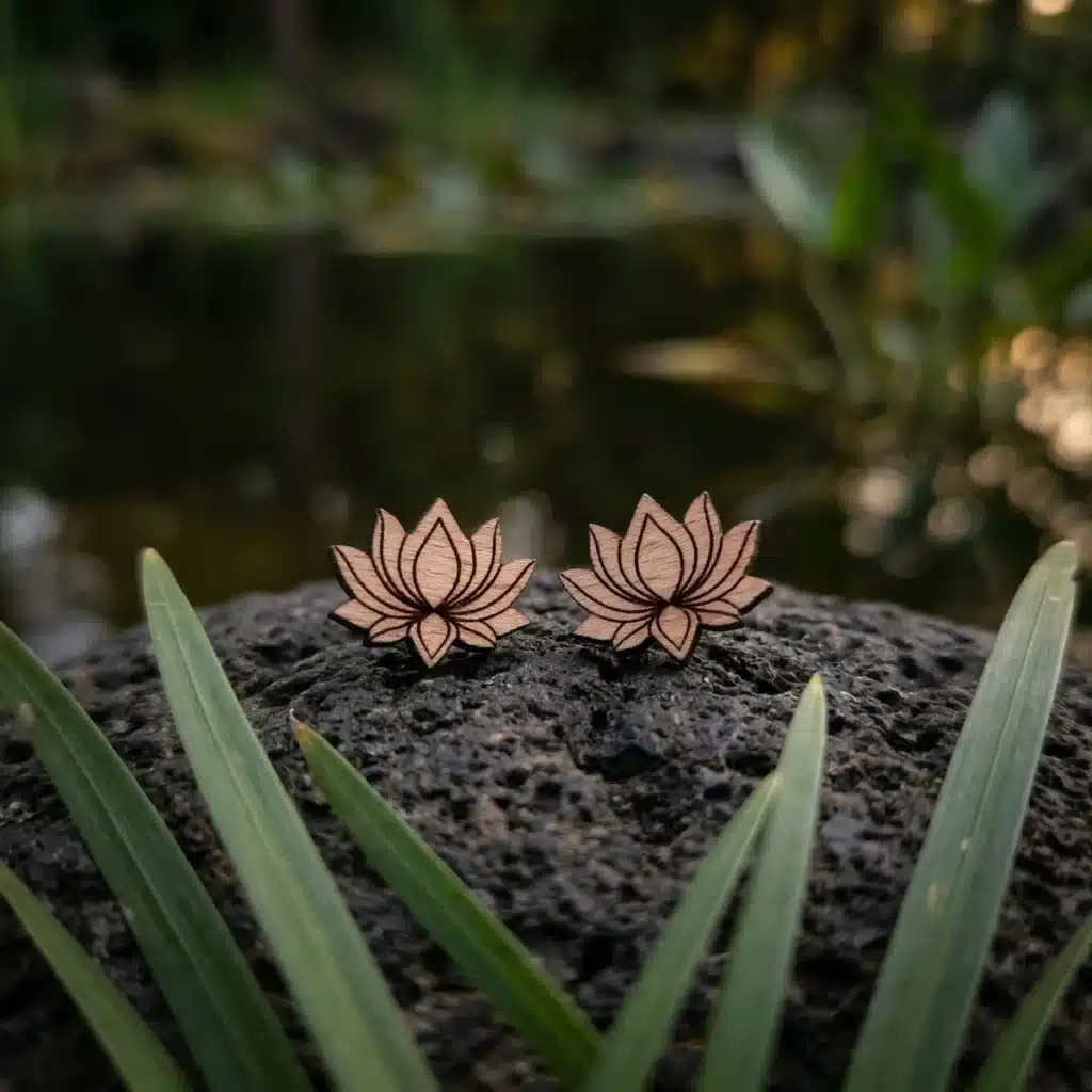 Clous d'oreilles en bois Lotus posé sur un bois devant un étang