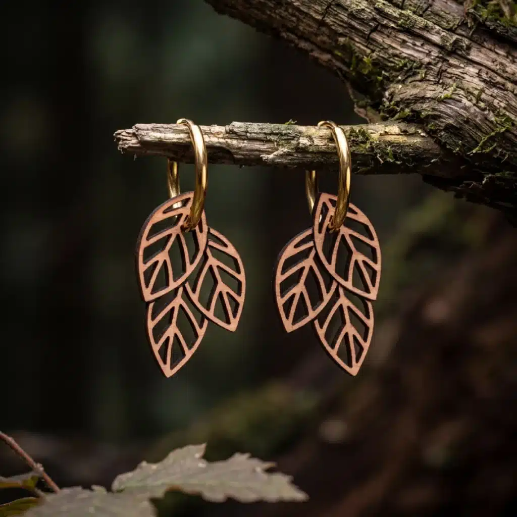 Boucles d'oreilles en bois suisse Devana, au design de feuilles d'arbre suspendues avec anneaux argentés