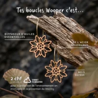 Avantages-boucles-oreilles-edelweiss Boucles d'oreilles en bois au design d'Edelweiss avec anneaux dorés avvec inscription des avantages des boucles d'oreilles