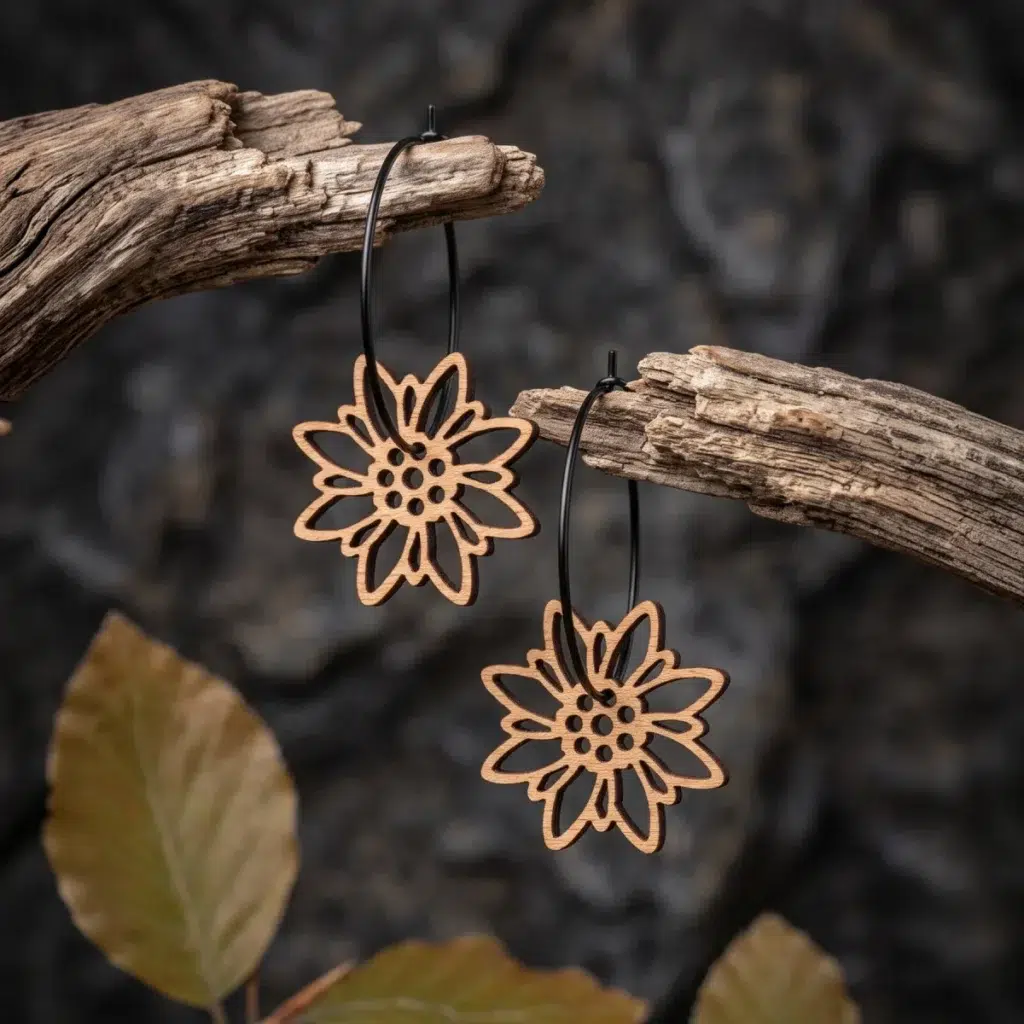 Boucles d'oreilles en bois au design d'Edelweiss avec anneaux noirs