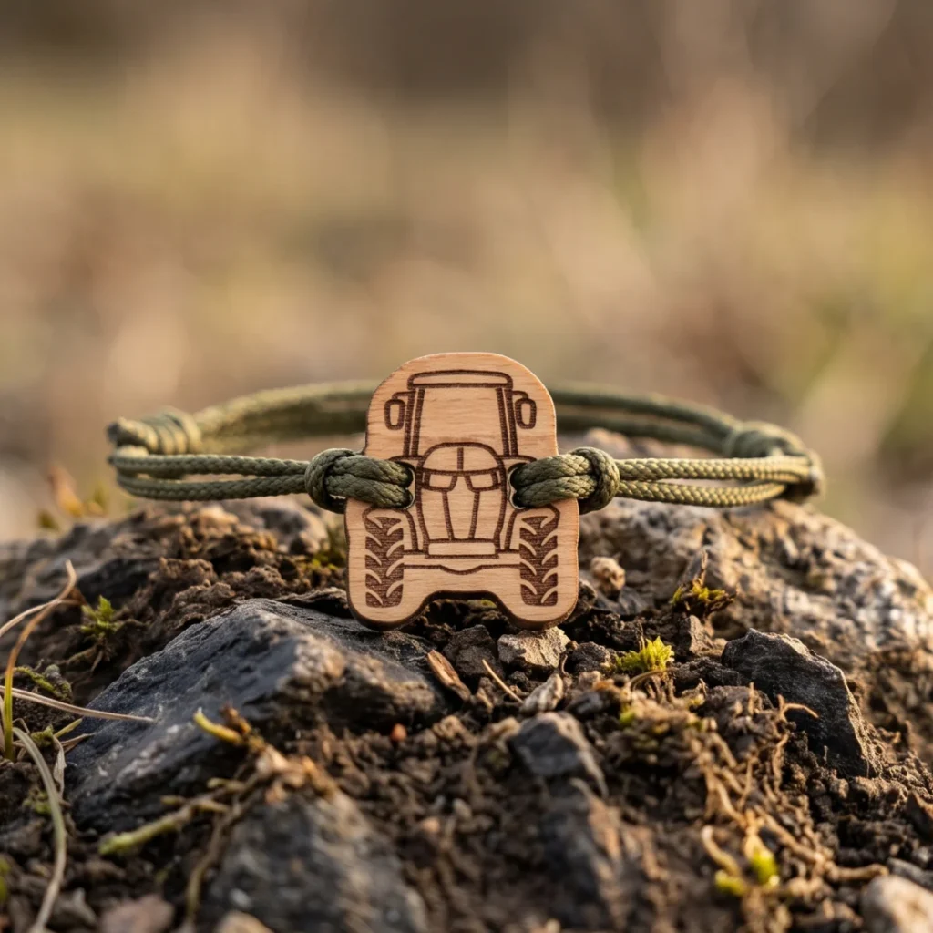 Nouveautés 6 bracelet en bois personnalisable au design de tracteur avec cordon en nylon recyclé vert