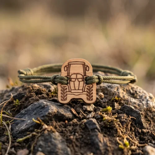 Wooden Tractor Bracelet for Children Customizable wooden bracelet with a tractor design and a green recycled nylon cord