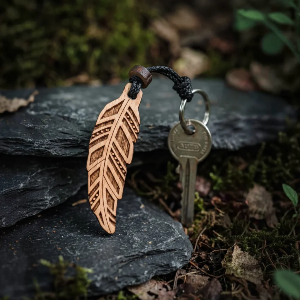 Neue Funktionen 1 Piuma-Schlüsselanhänger aus Holz